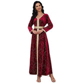Velvet Autumn Winter Gold Stamping Fashion Red Evening Gown Elegant Long Sleeve V-Neck Abaya With Sashes Muslim Women